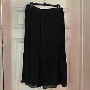 Juniors black mid length skirt button down with sheer overlay. Size large.